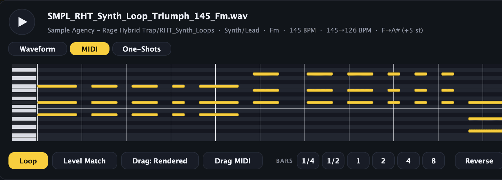 Built-in piano-roll: MIDI generated from a synth loop, ready to drag out
