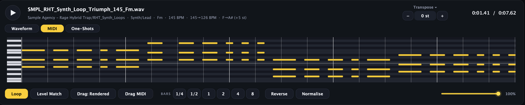 Built-in piano-roll: MIDI generated from a synth loop, ready to drag out