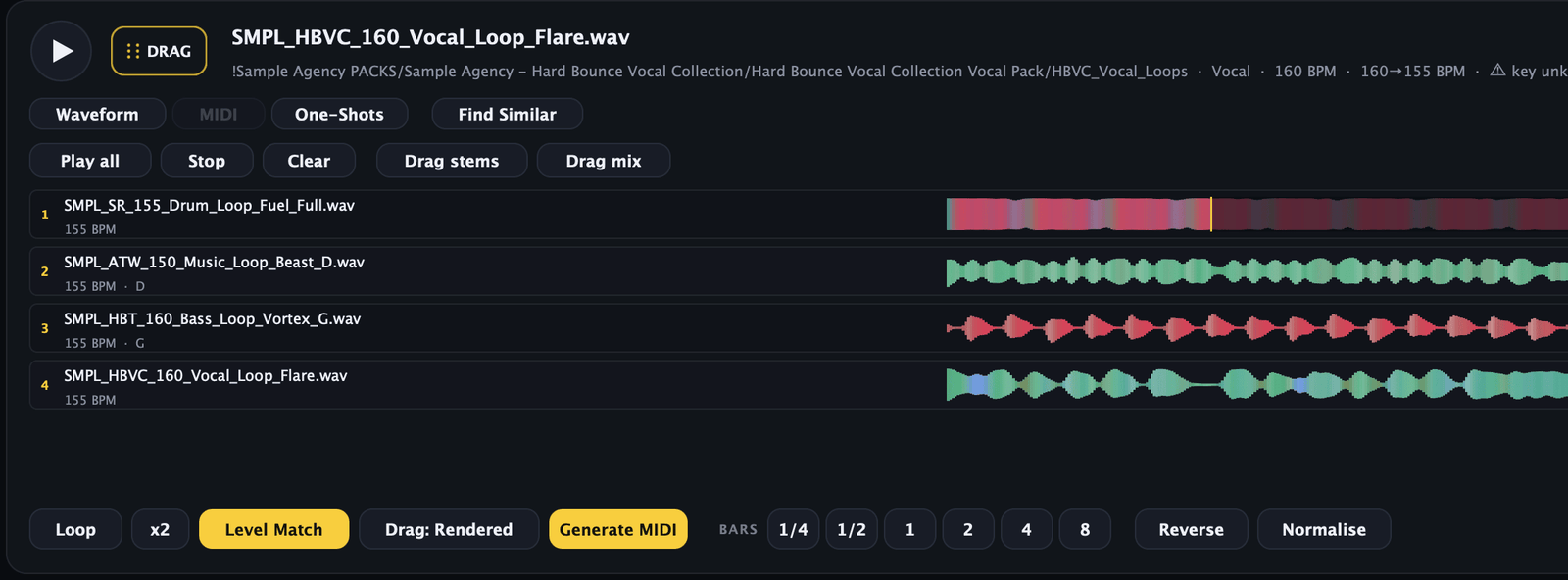 Four loops stacked together, all matched to the project tempo