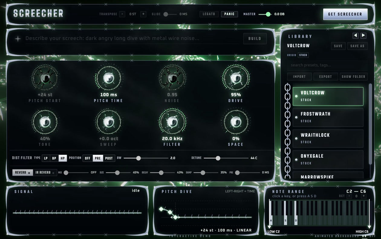The Screecher plugin window, playing a preset