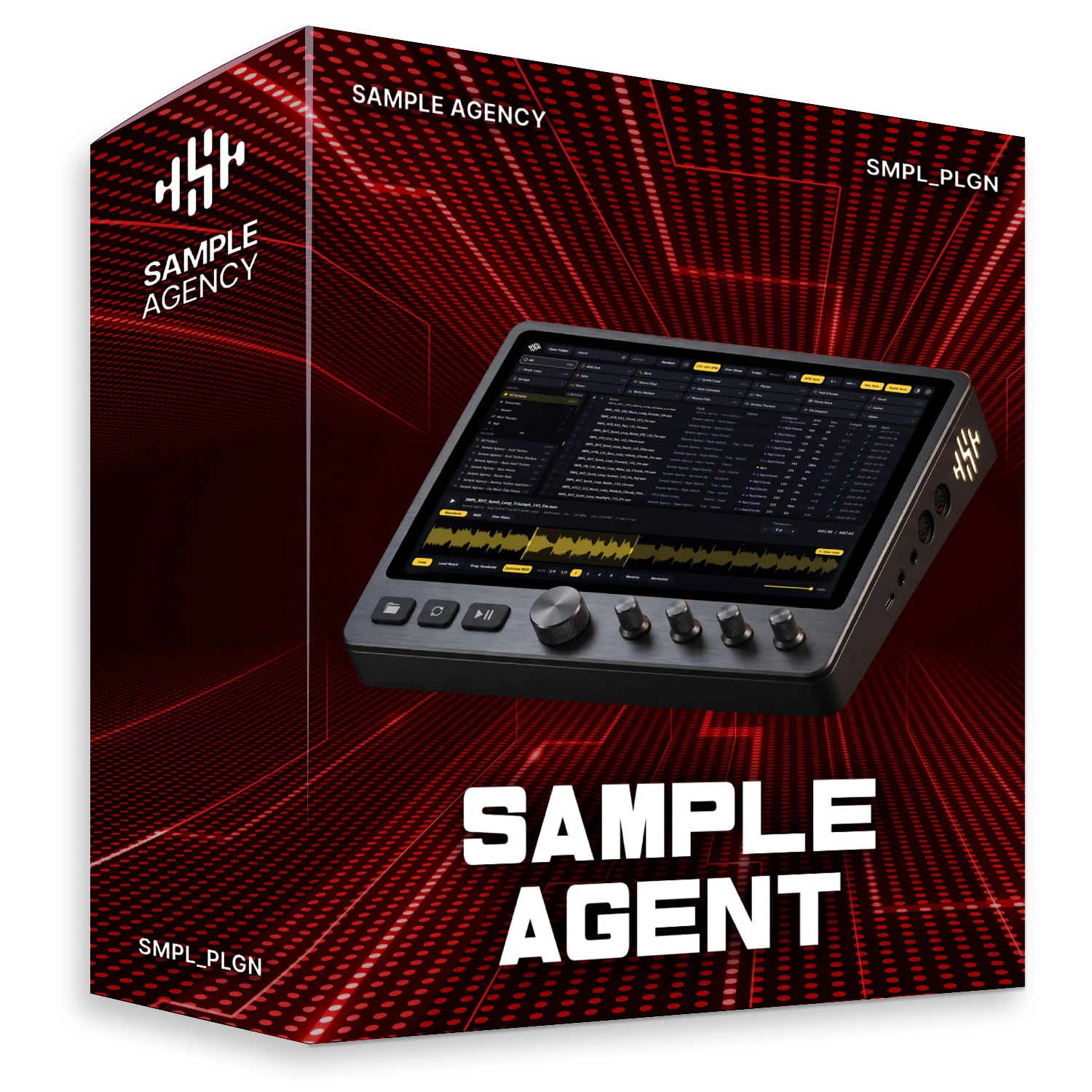 Sample Agent by Sample Agency — boxed product artwork for the sample-browser plugin. Software only: standalone app plus VST3 and AU plugin, delivered as an instant download.