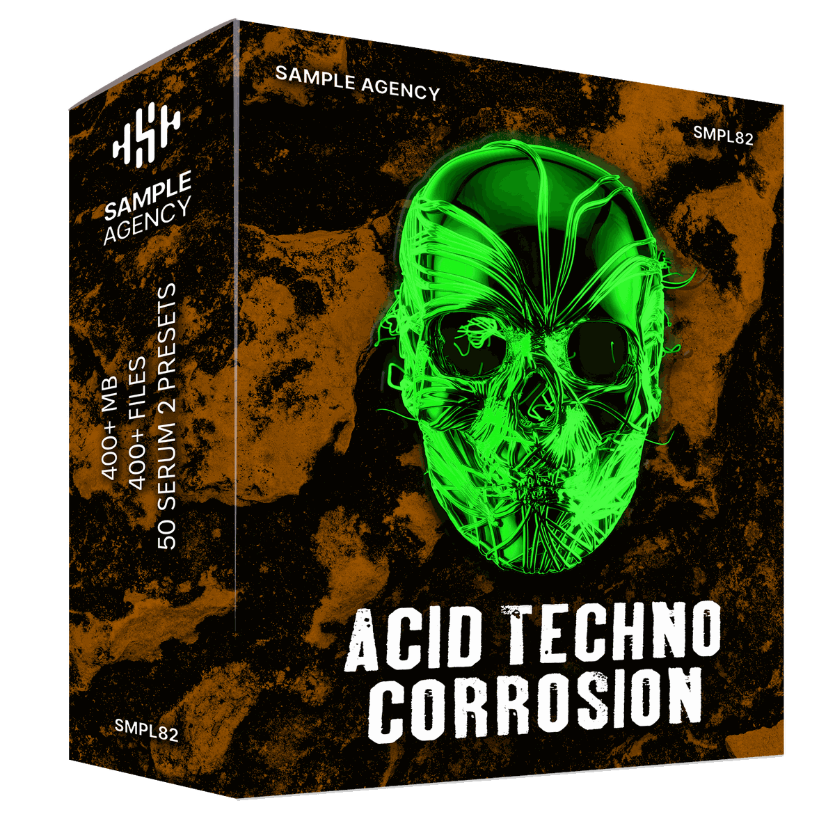 Acid Techno Corrosion sample pack box artwork — green wireframe skull on corroded rust texture — Sample Agency