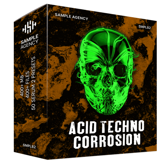Acid Techno Corrosion sample pack box artwork — green wireframe skull on corroded rust texture — Sample Agency