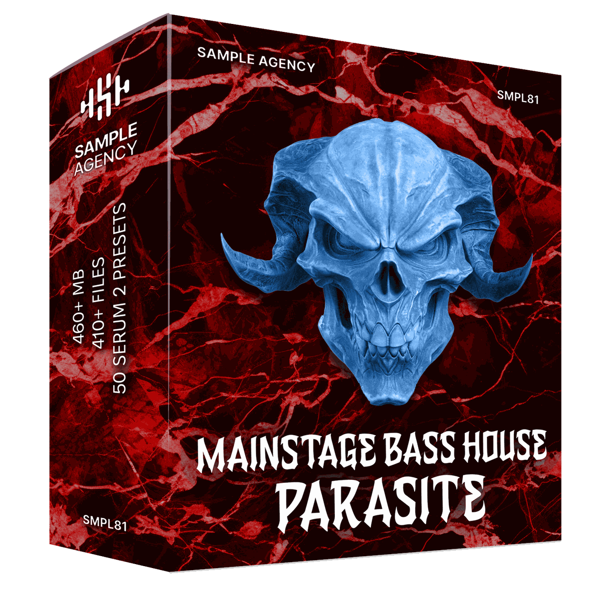 Mainstage Bass House Parasite sample pack box artwork — blue horned demon skull on red marble — Sample Agency