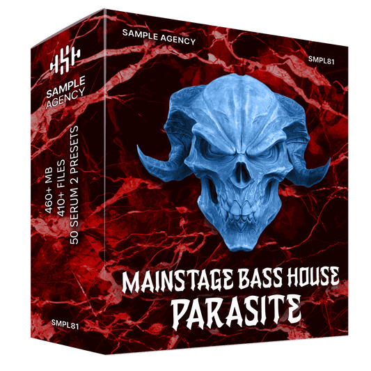 Mainstage Bass House Parasite sample pack box artwork — blue horned demon skull on red marble — Sample Agency