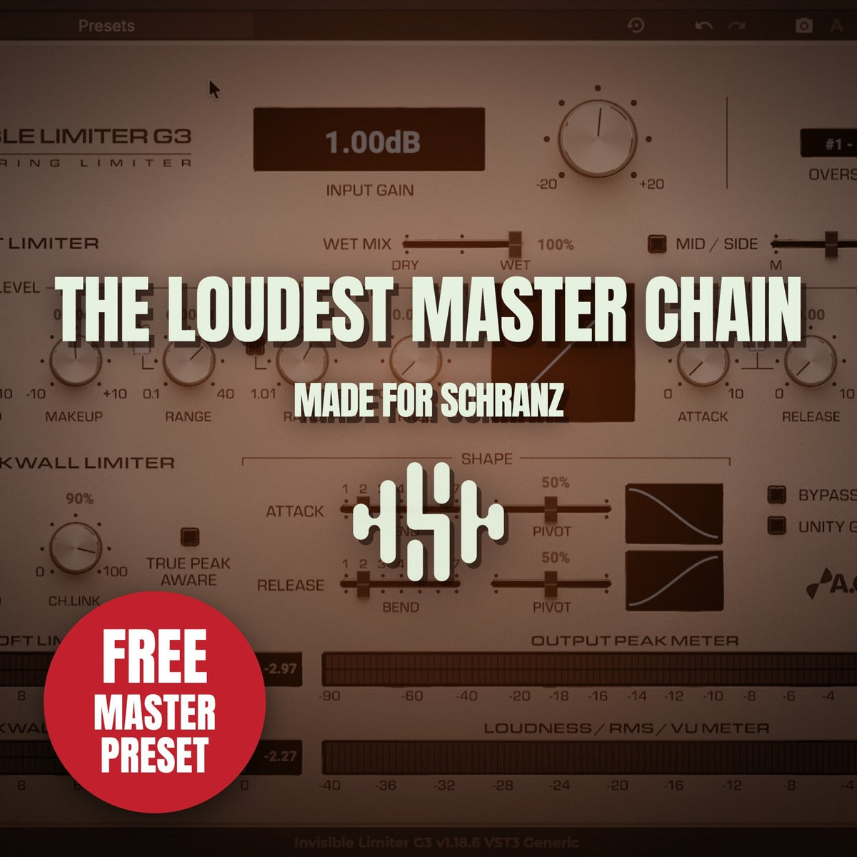 Free Schranz Master Chain artwork — Invisible Limiter G3 interface, red Free Master Preset badge — Sample Agency