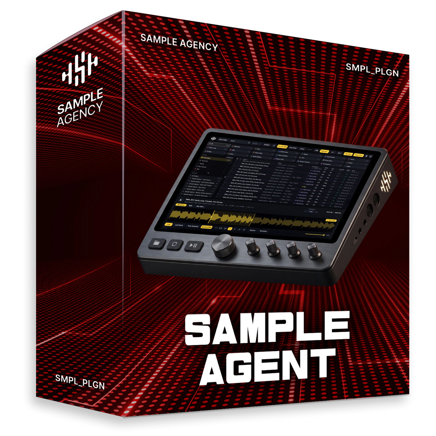 Sample Agent by Sample Agency — boxed product artwork for the sample-browser plugin. Software only: standalone app plus VST3 and AU plugin, delivered as an instant download.