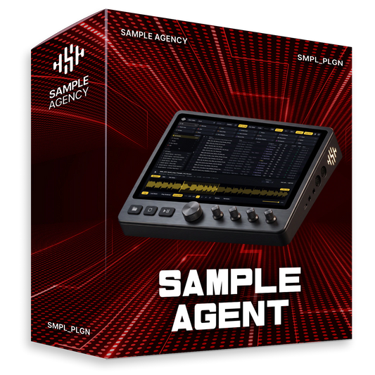 Sample Agent by Sample Agency — boxed product artwork for the sample-browser plugin. Software only: standalone app plus VST3 and AU plugin, delivered as an instant download.