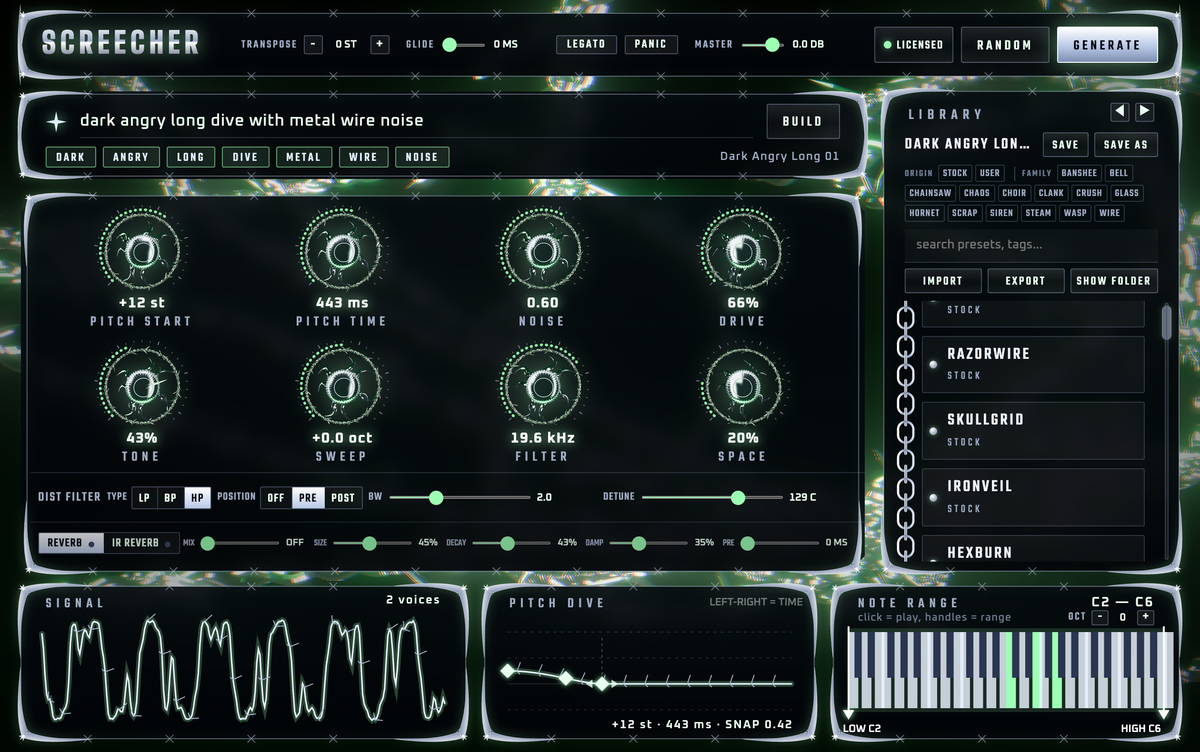 The Screecher plugin window: prompt bar, eight macro knobs, library, signal scope, pitch dive graph and note range.