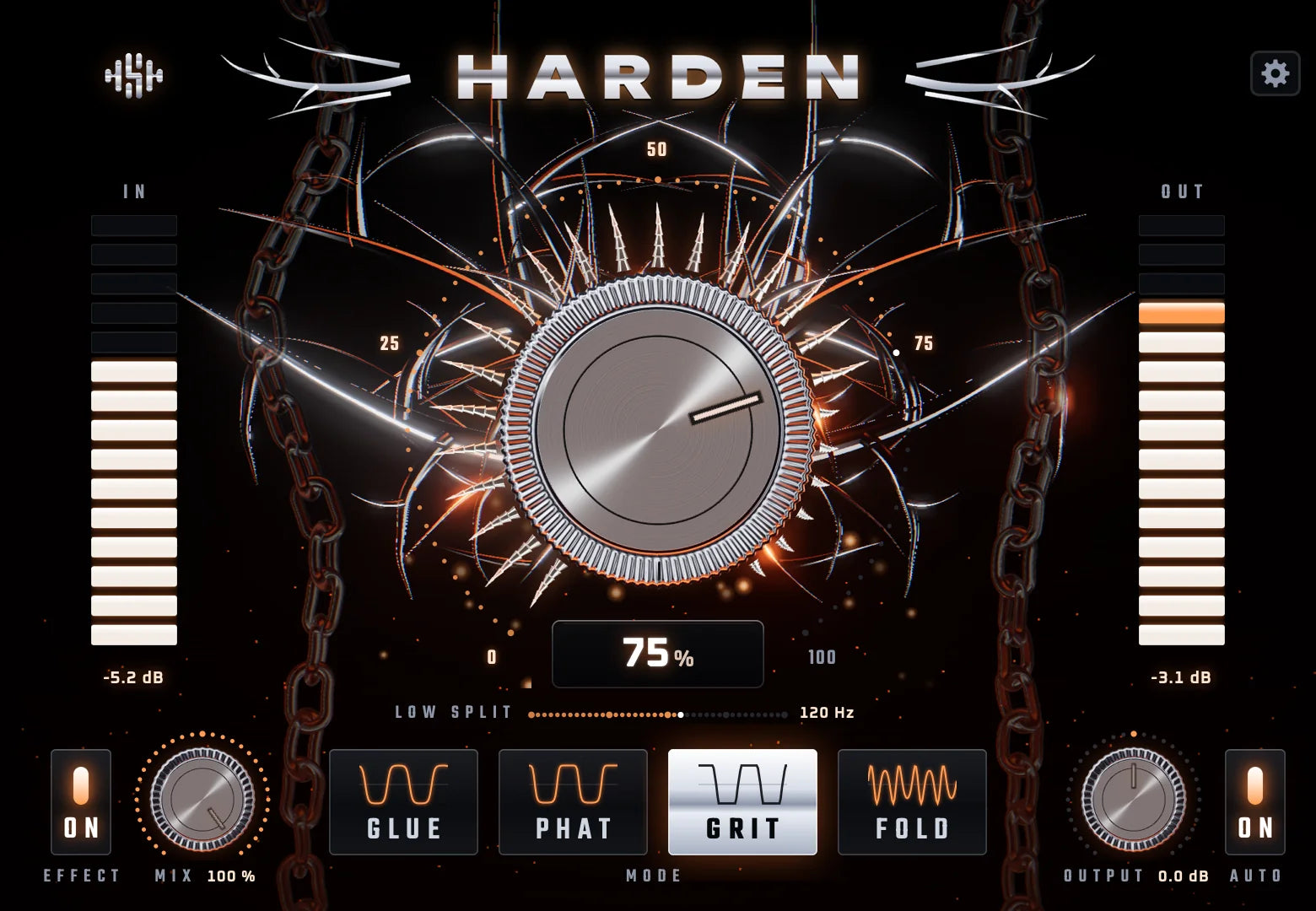 The HARDEN plug-in window: one large chrome AMOUNT knob ringed with thorns, IN and OUT meters, a LOW SPLIT slider, the four mode keys Glue, Phat, Grit and Fold, MIX and OUTPUT knobs and an AUTO button.