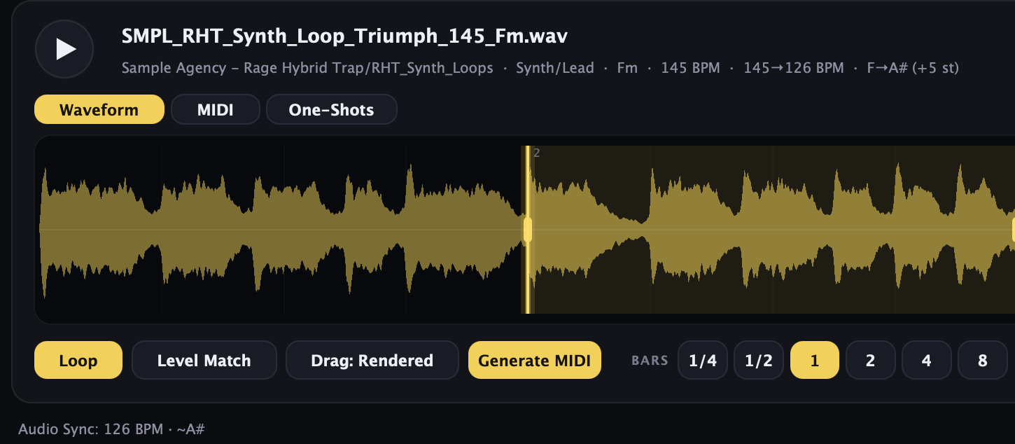 Audio Sync heard 126 BPM in A sharp, and the 145 BPM loop is stretched and transposed to match