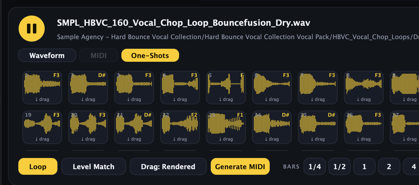 One loop sliced into single hits, each labelled by note and draggable on its own